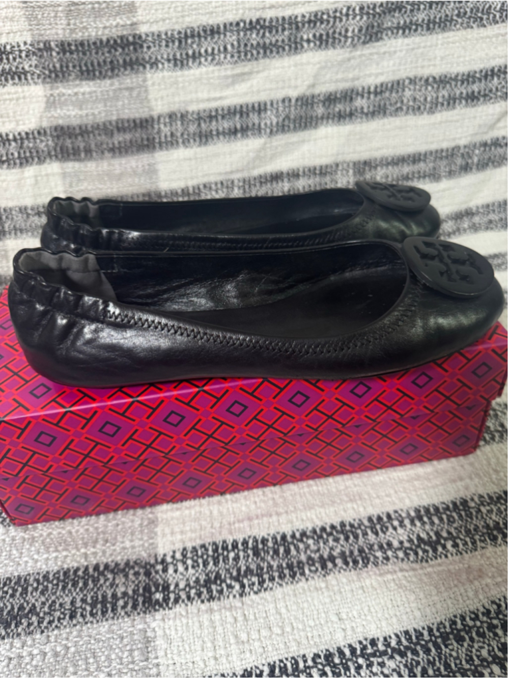 Tory Burch Minnie Travel Ballet Flats Black Nappa Leather Logo Size 8 Box - Picture 3 of 8